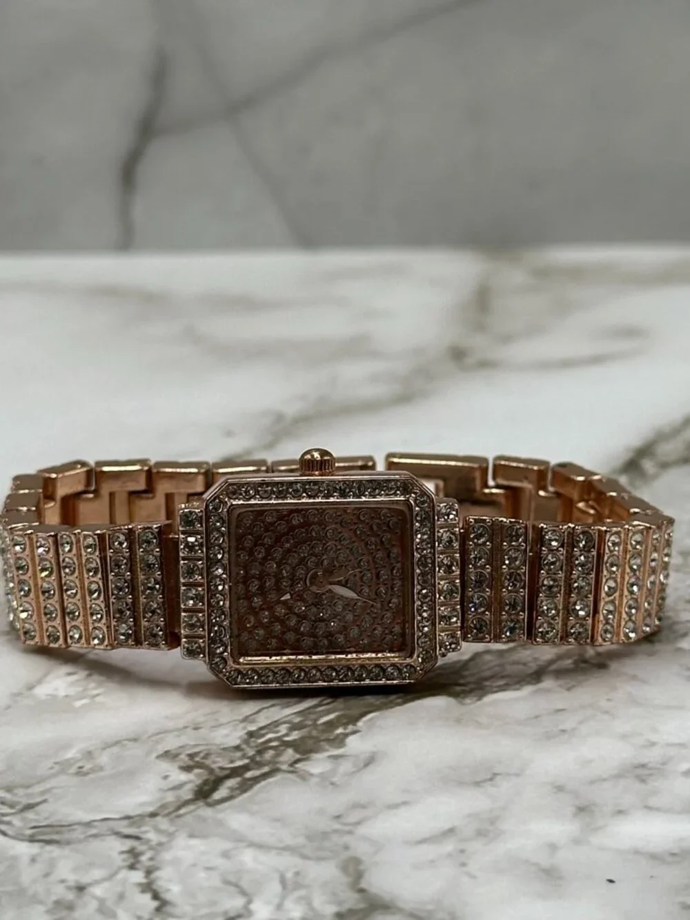 Rose Gold Tone Rhinestone Watch Womens Square Dial 20MM New Battery 6.5 Inch